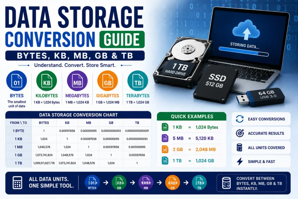 Data Storage Conversion Guide- Bytes, KB, MB, GB & TB