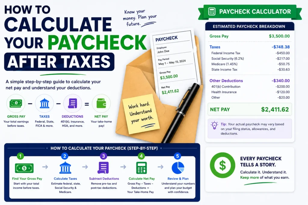 How to calculate your paycheck after taxes — infographic with gross pay, taxes, deductions, and net pay
