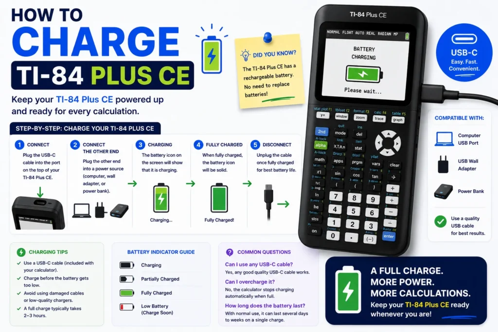 How to charge TI-84 Plus CE calculator with USB cable