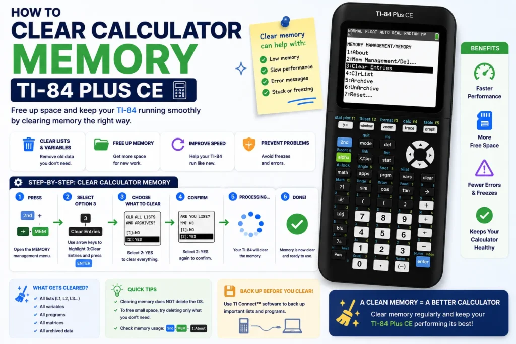How to clear TI-84 Plus CE memory and calculator history