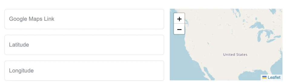 Map QR code fields for a Google Maps link, latitude, longitude, and an interactive Leaflet map preview.