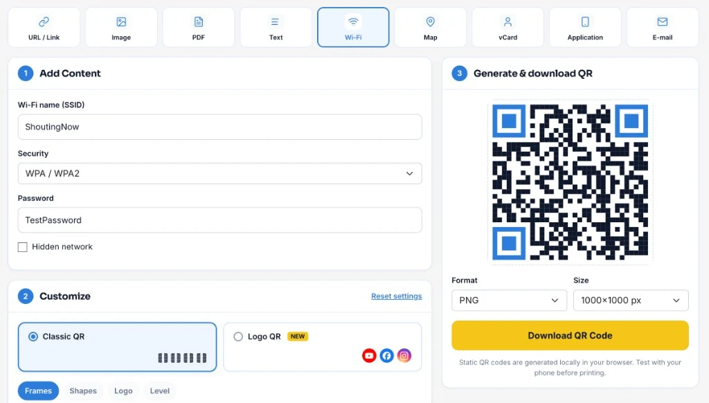 ShoutingNow QR Code Generator with the Wi-Fi tab selected: network name, security type, password, customization options, and download panel.