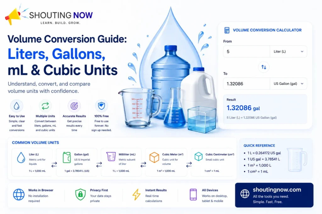 Volume Conversion Guide: Liters, Gallons, mL & Cubic Units